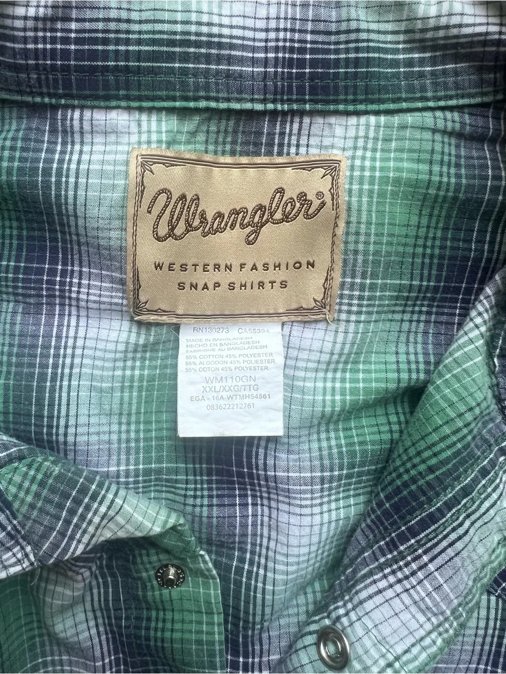 Vintage Wrangler Western Snap Shirt Mens XXL Green Navy Ombre Plaid